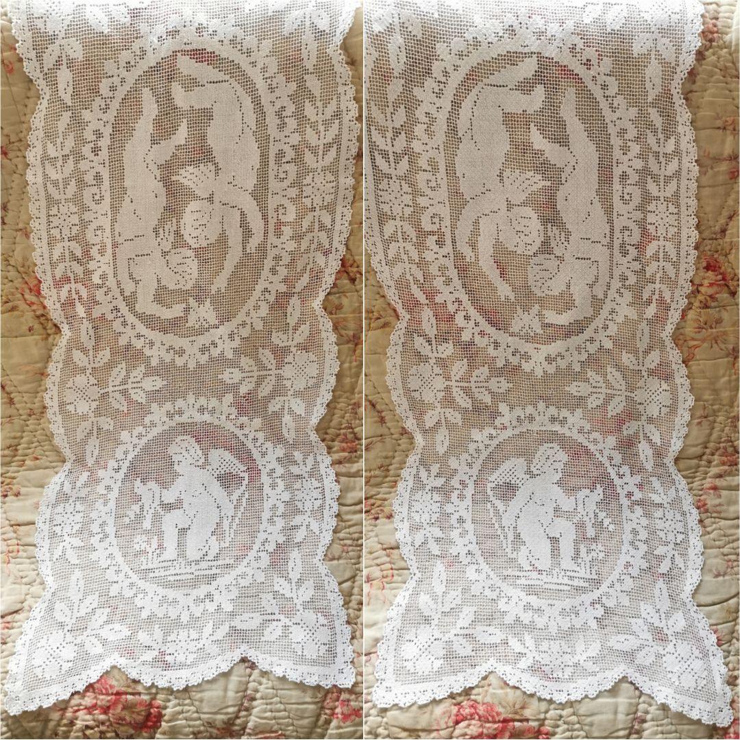 アンティークフランス リネンフィレレース 天使と鳥と蝶 テーブルクロスランナー