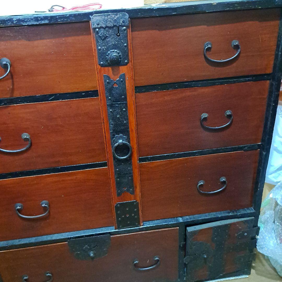 明治時代箪笥　珍品時代鍵付　欅箪笥　四段　金庫引出二段　時代金具　隅に金具止