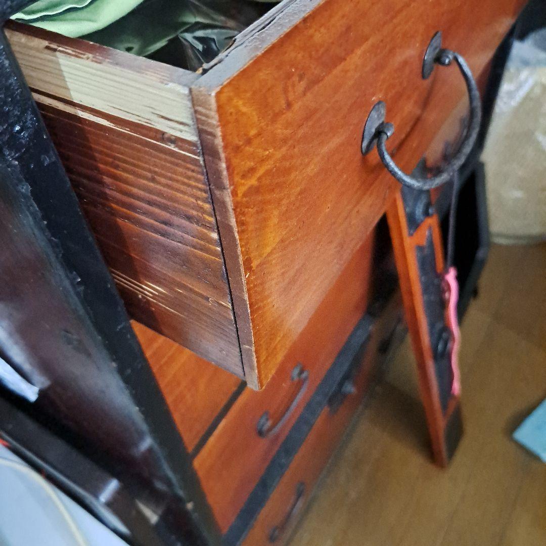 明治時代箪笥　珍品時代鍵付　欅箪笥　四段　金庫引出二段　時代金具　隅に金具止