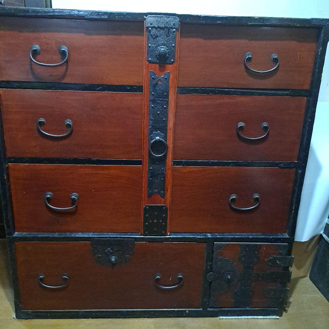 明治時代箪笥　珍品時代鍵付　欅箪笥　四段　金庫引出二段　時代金具　隅に金具止