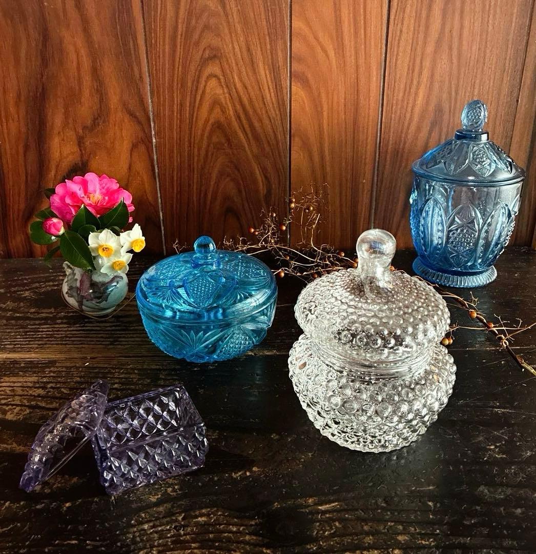 骨董　時代ガラス　希少　霰プレス　飴屋瓶　菓子瓶　お菓子入れ　ボンボニエール