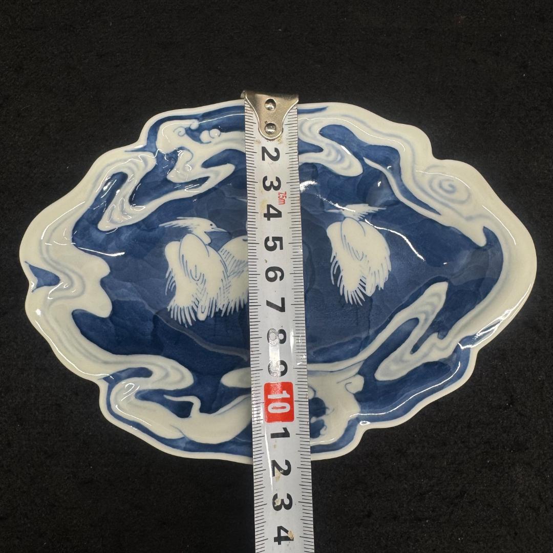 美品！　藍鍋島流水鷺図 皿　 浮彫 　浪形皿　五客 共箱