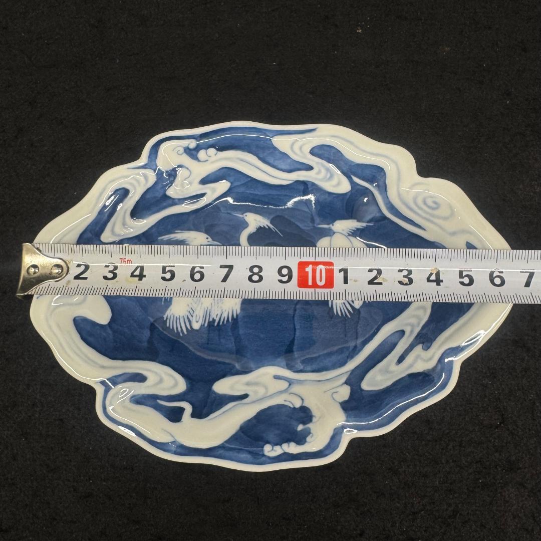 美品！　藍鍋島流水鷺図 皿　 浮彫 　浪形皿　五客 共箱