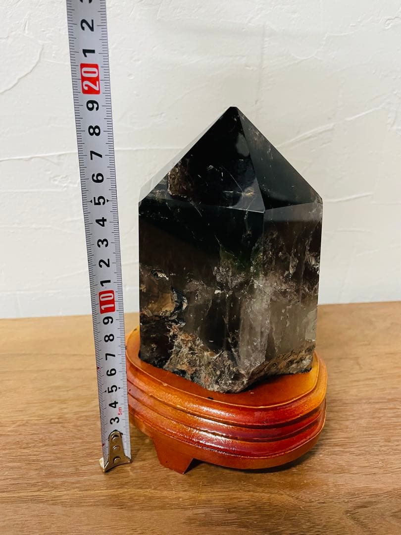 煙水晶 スモーキークォーツ 六角柱 約20cm 台座付き