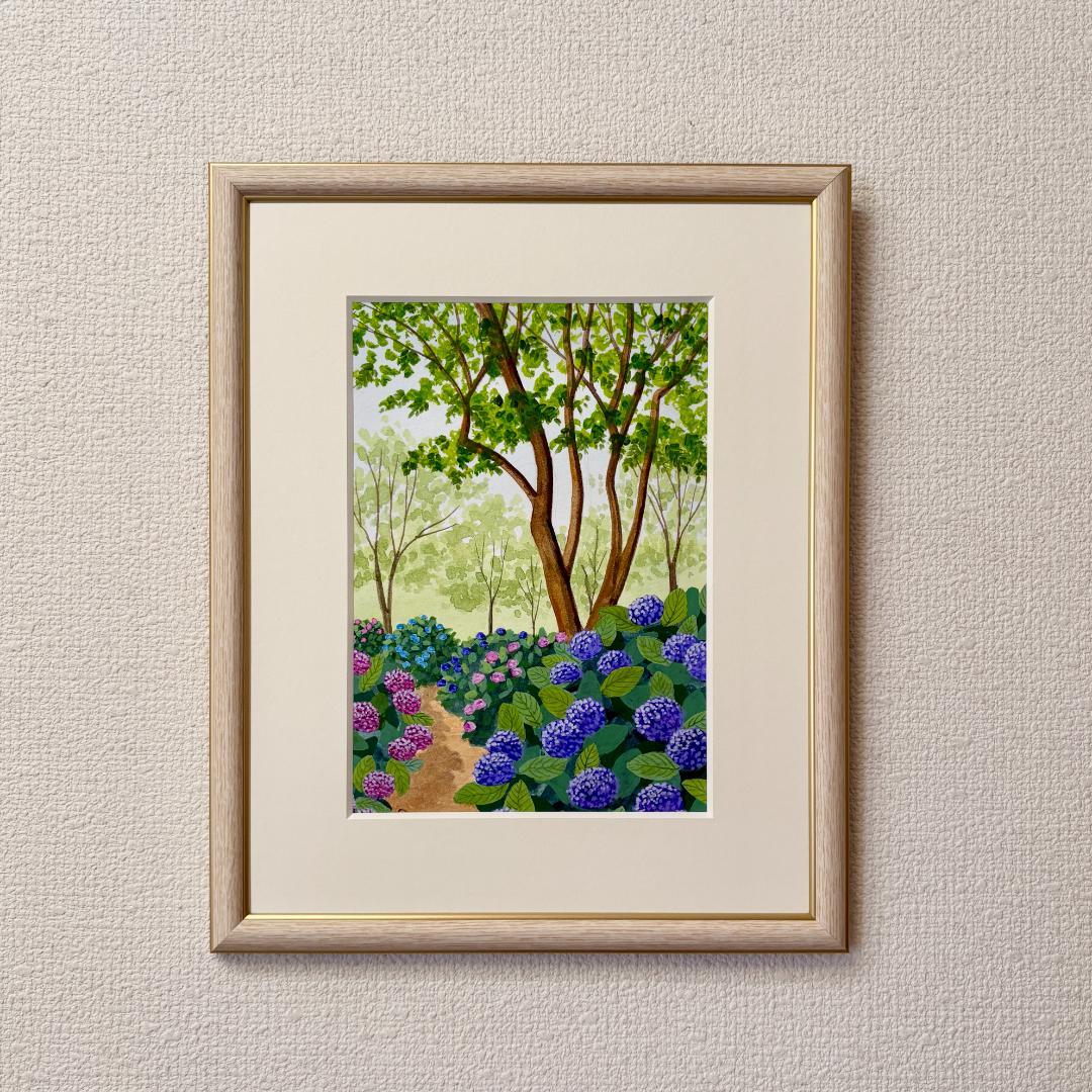 アクリル画　原画　「あじさいの小道02」額縁付　SMサイズ　風景画