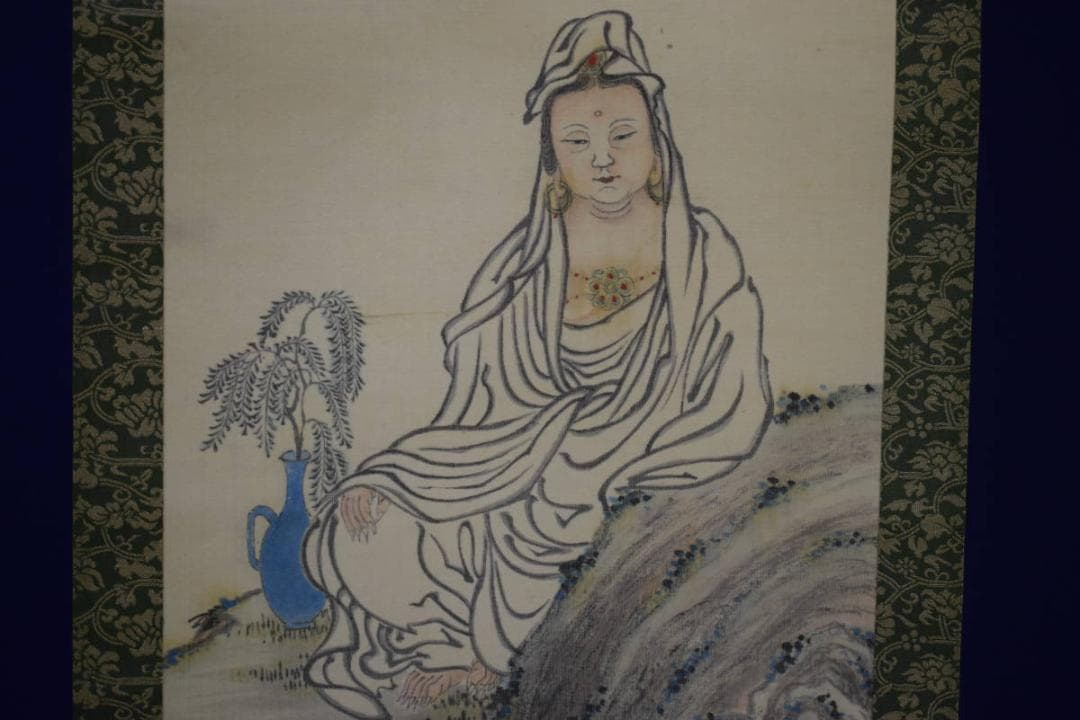 真作/田能村直入/小虎/観音画賛/布袋屋掛軸HH-419