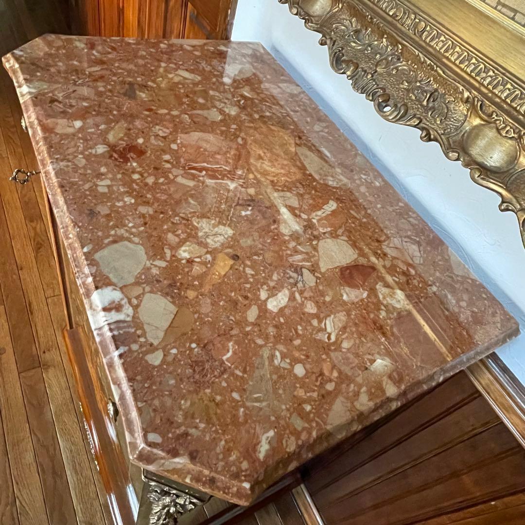 イタリア製 大理石天板 象嵌細工 キャビネット☆バーズアイ杢目 真鍮装飾☆引出付