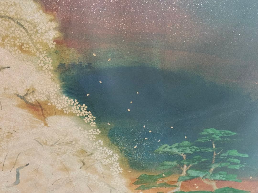 絵画【夜桜】 日本画 金縁額装済み