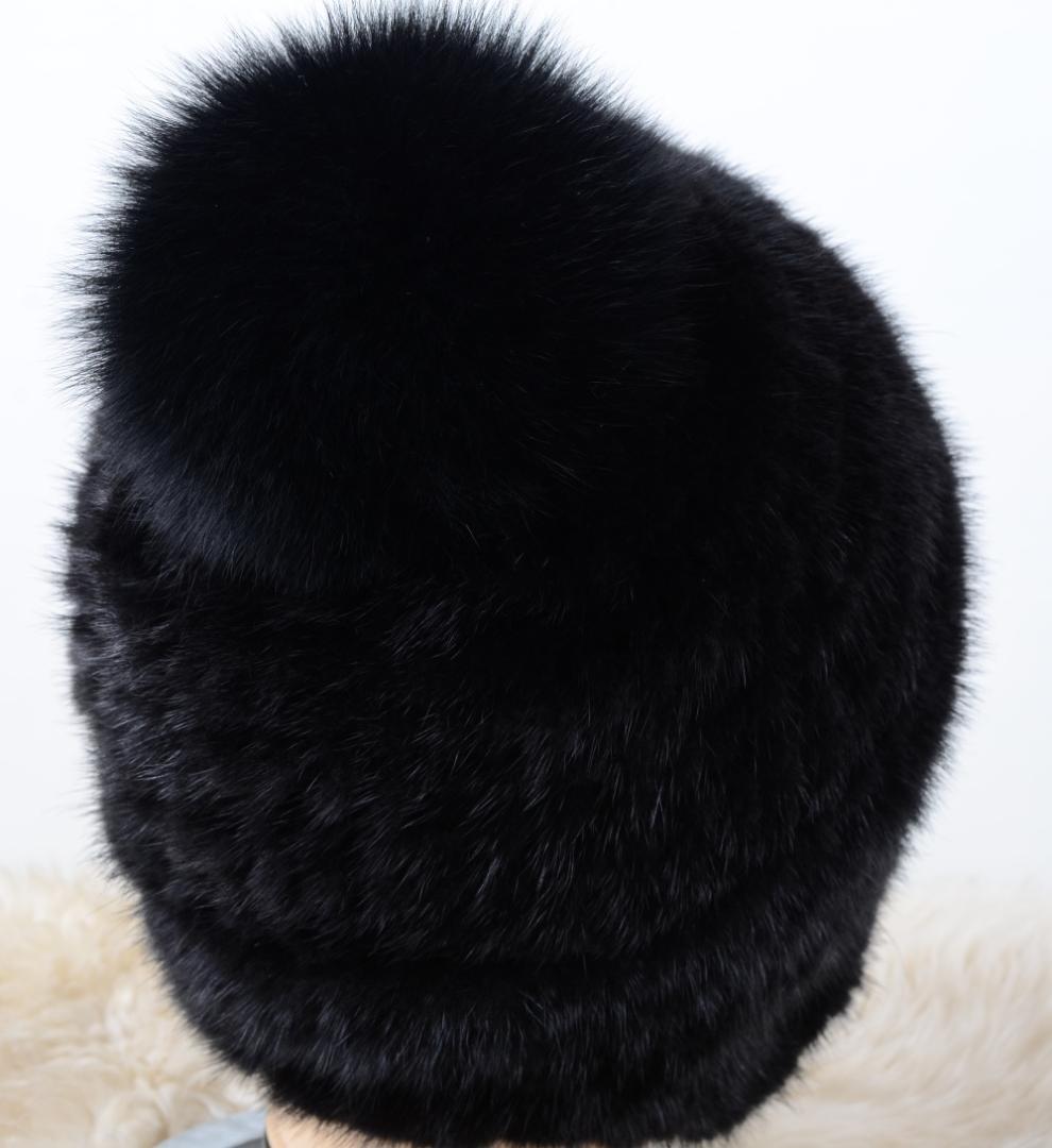 新品限定 上質ミンク編みこみ帽子 黒/フォックスポンポン付き/毛皮 ファー