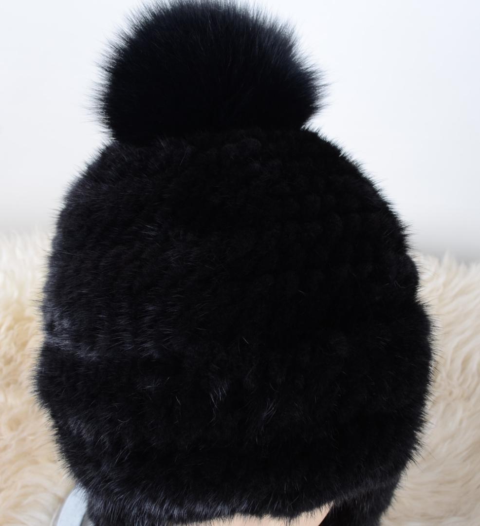 新品限定 上質ミンク編みこみ帽子 黒/フォックスポンポン付き/毛皮 ファー
