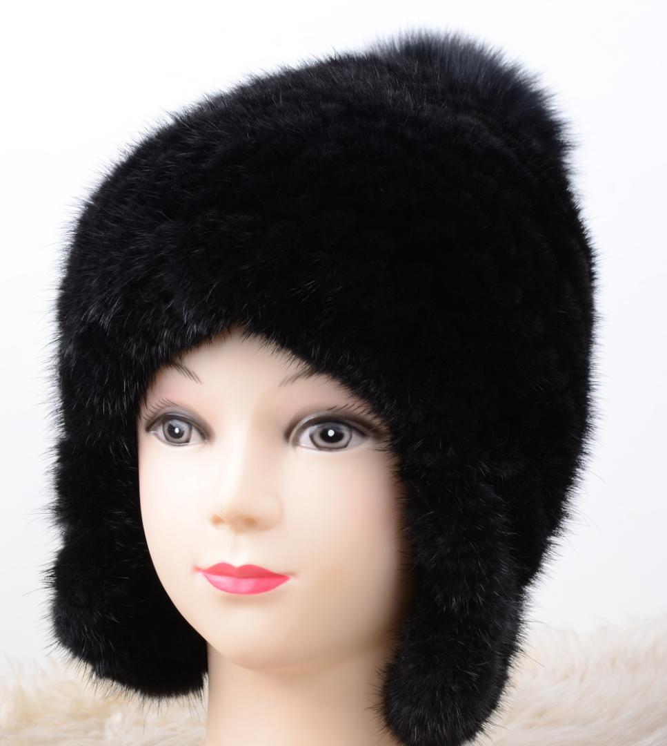 新品限定 上質ミンク編みこみ帽子 黒/フォックスポンポン付き/毛皮 ファー