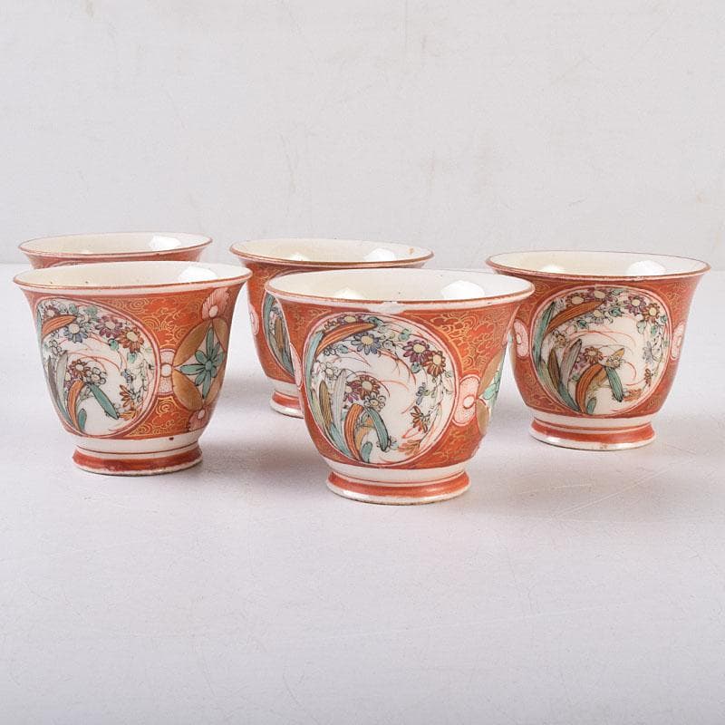 九谷焼　九谷庄三造　赤絵　煎茶碗　五客　湯冷まし　合わせ箱　V　R9020