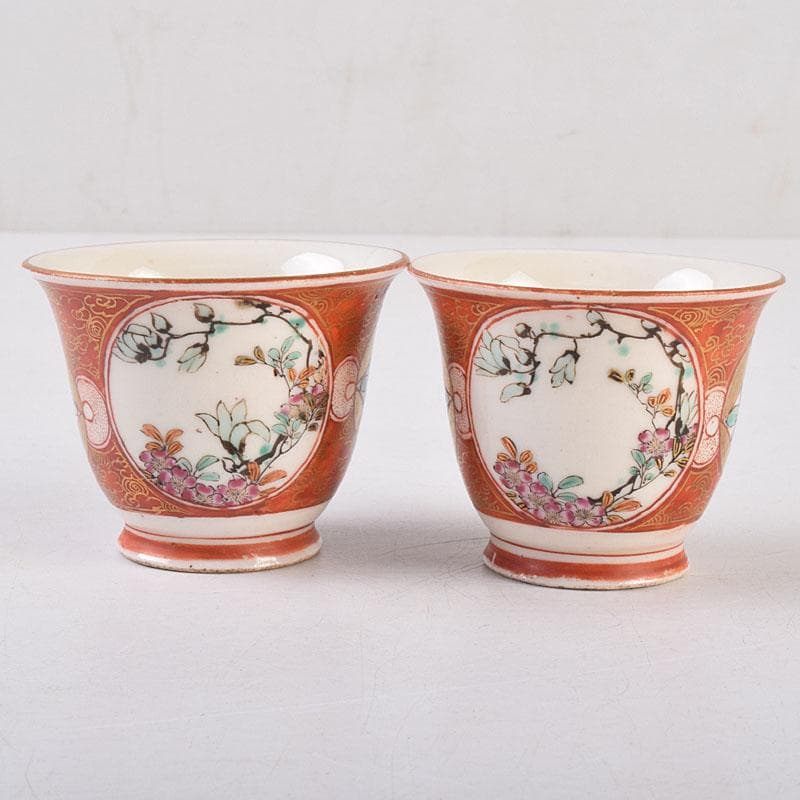 九谷焼　九谷庄三造　赤絵　煎茶碗　五客　湯冷まし　合わせ箱　V　R9020