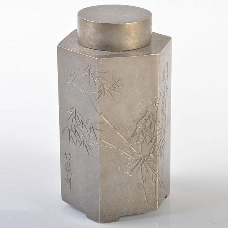 煎茶道具　古錫　竹菴刻　漢詩竹文　六角茶壷　茶心壷　約208g　H　R6162E