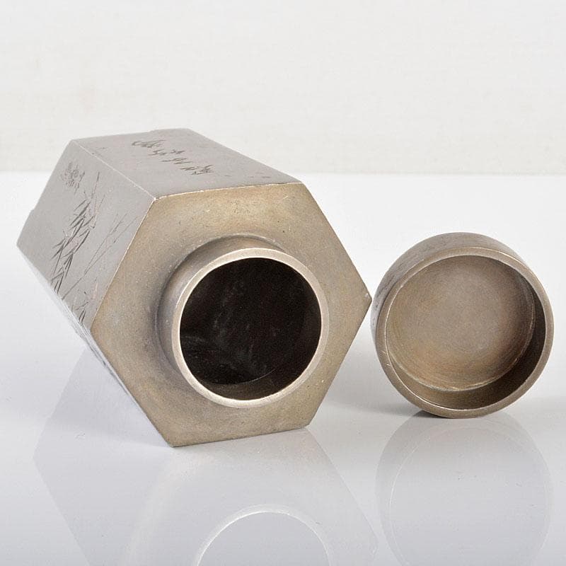 煎茶道具　古錫　竹菴刻　漢詩竹文　六角茶壷　茶心壷　約208g　H　R6162E