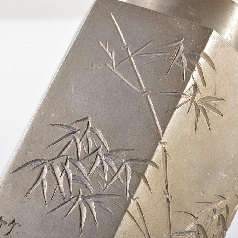 煎茶道具　古錫　竹菴刻　漢詩竹文　六角茶壷　茶心壷　約208g　H　R6162E