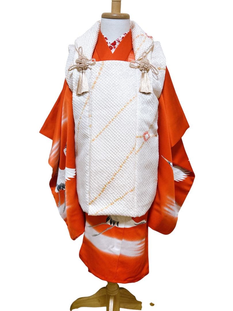 レトロ着物♡七五三　3歳　フルセット　一式　鶴　正絹　総絞り被布　朱色