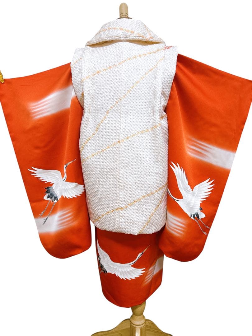 レトロ着物♡七五三　3歳　フルセット　一式　鶴　正絹　総絞り被布　朱色