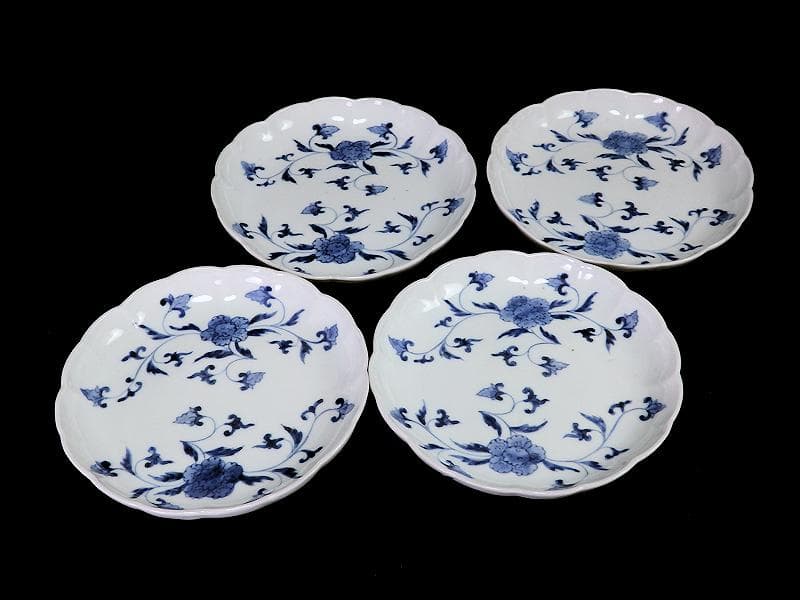 古伊万里　染付　花唐草の図　５寸半皿　４枚　江戸期　D940AS-fbap