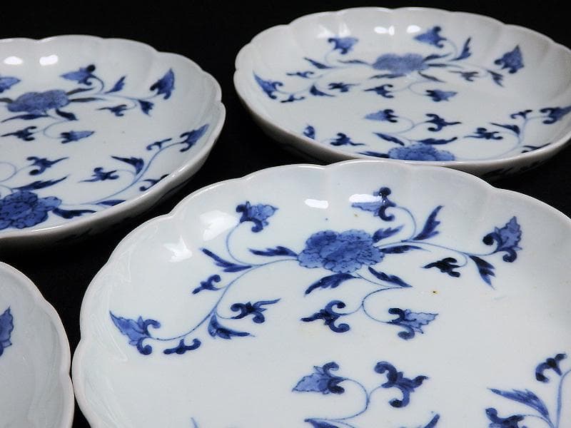 古伊万里　染付　花唐草の図　５寸半皿　４枚　江戸期　D940AS-fbap