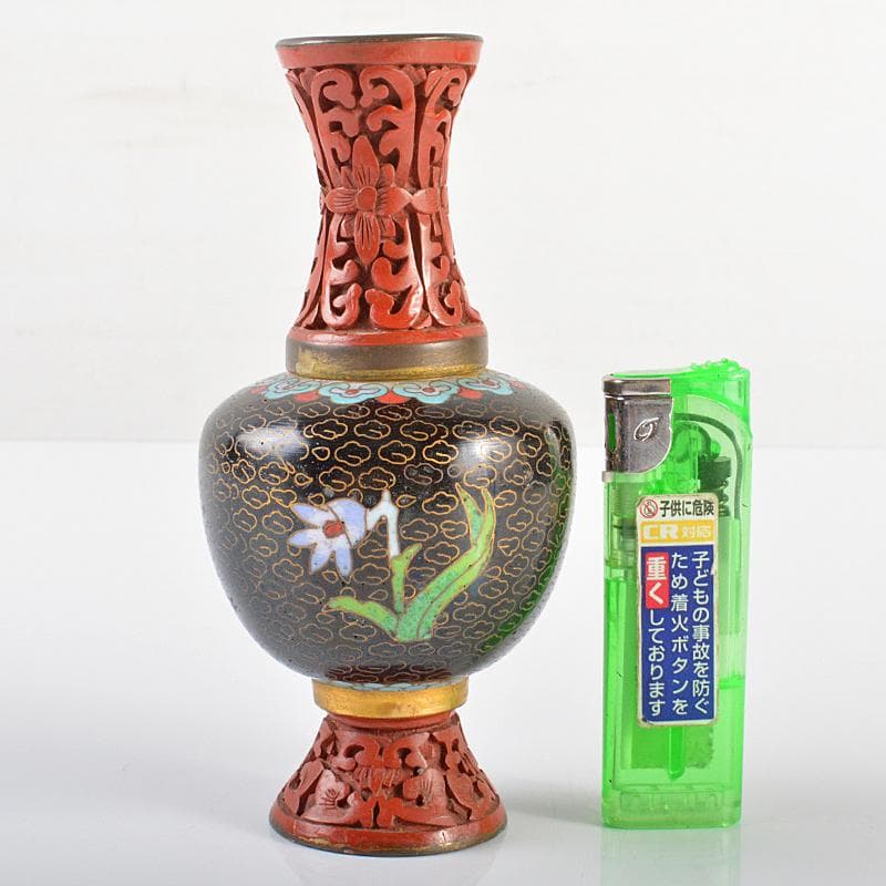 中国　古七宝　剔紅　堆朱　花文瓶　U　R6247