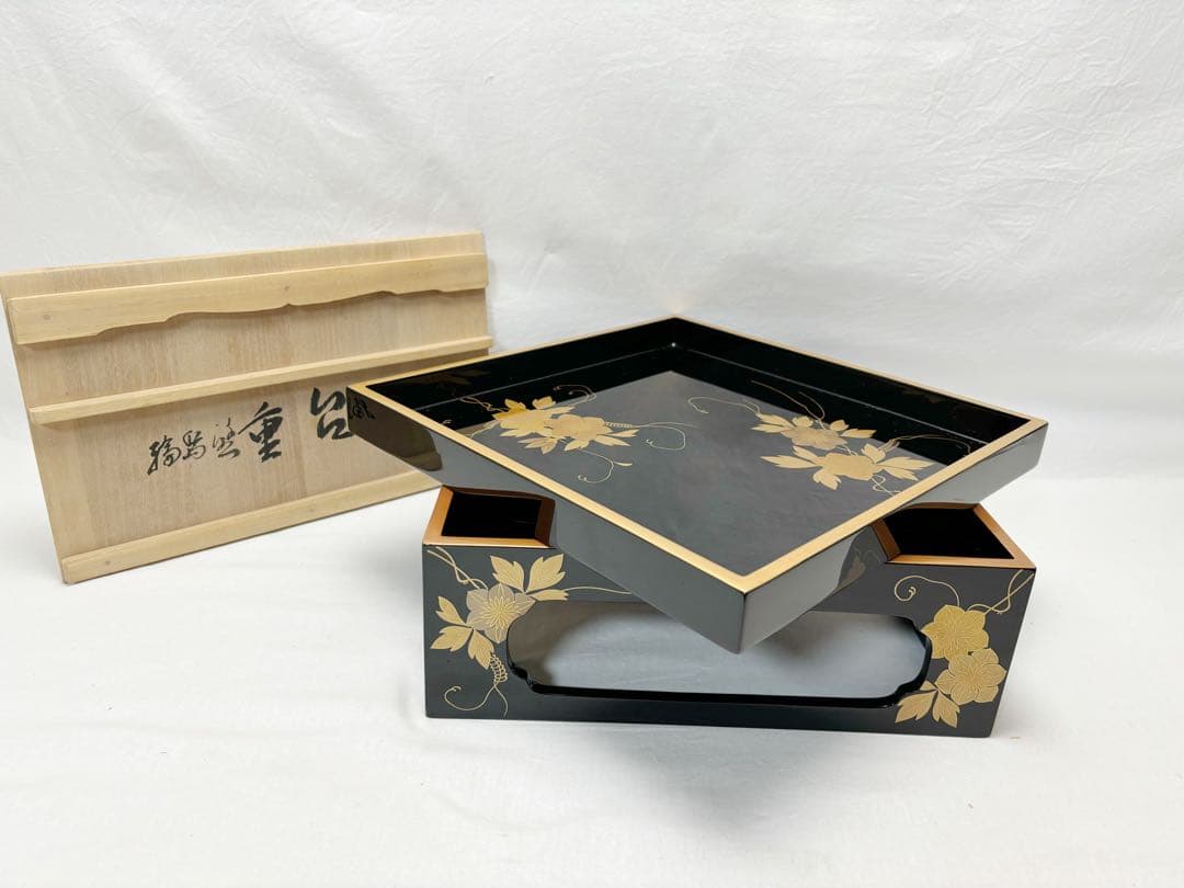 ほぼ未使用 茶道具 輪島塗 金彩花蒔絵 重台 四方盆 木製黒真塗 能登国輪島共箱