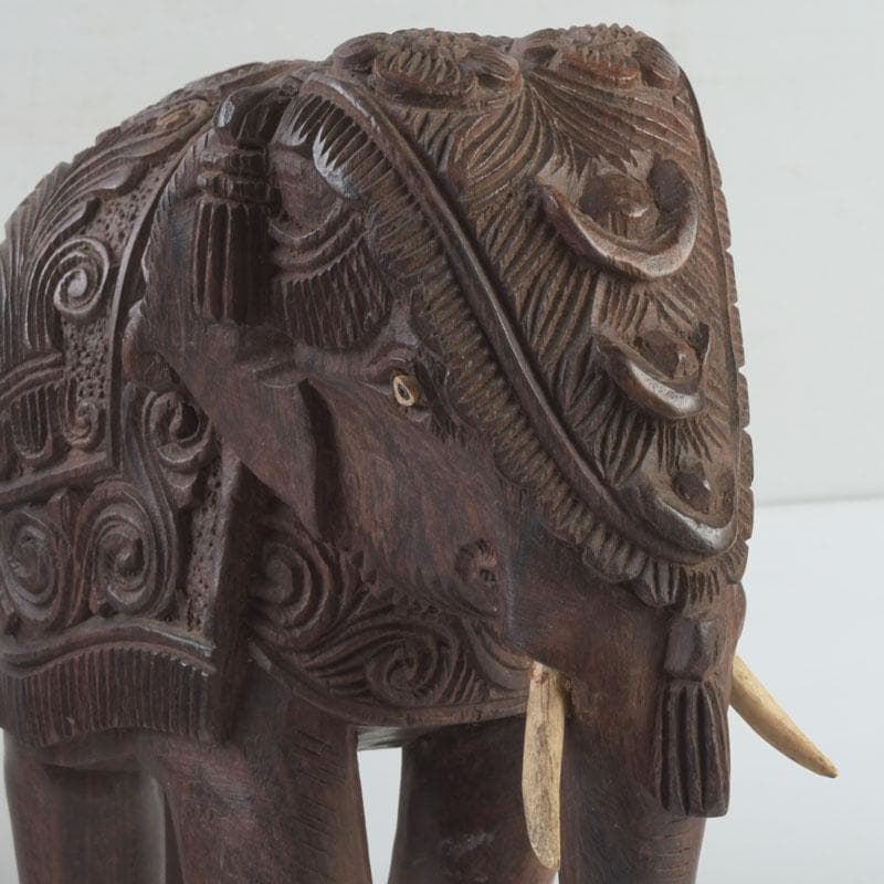 中国　唐木紫壇製　獣骨装飾など　インド象　3点まとめて　台付　V　9336A