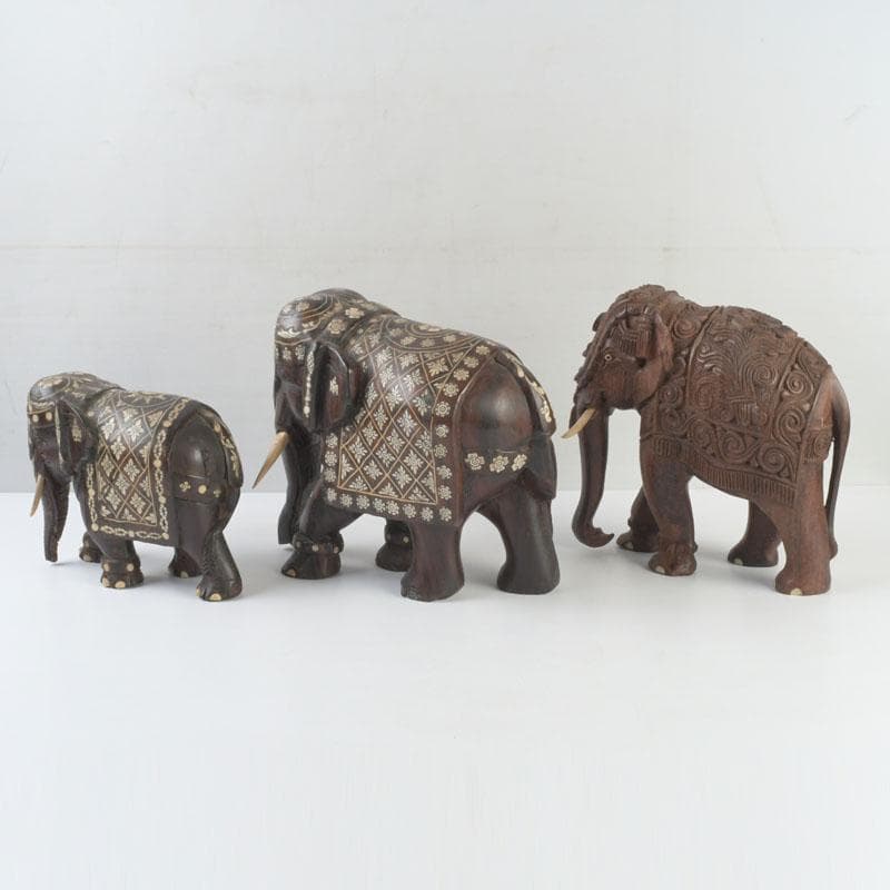 中国　唐木紫壇製　獣骨装飾など　インド象　3点まとめて　台付　V　9336A
