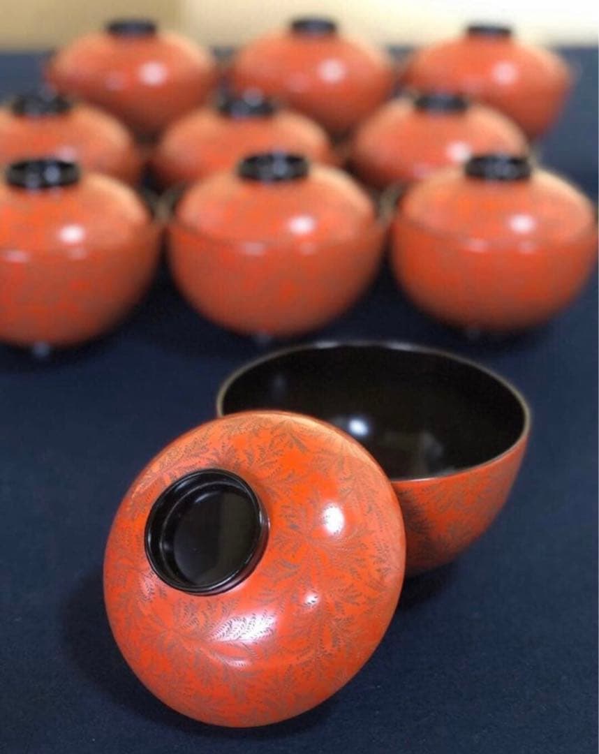 《レ》輪島塗 忍彫 吸物椀10客 柴吉漆器店 共布共箱 251113え1