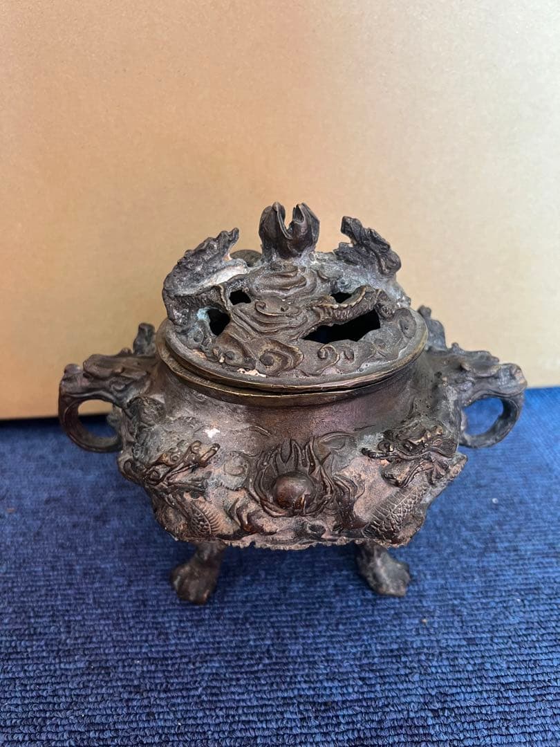 946 銅製　大明宣徳年製　龍紋香炉　時代物