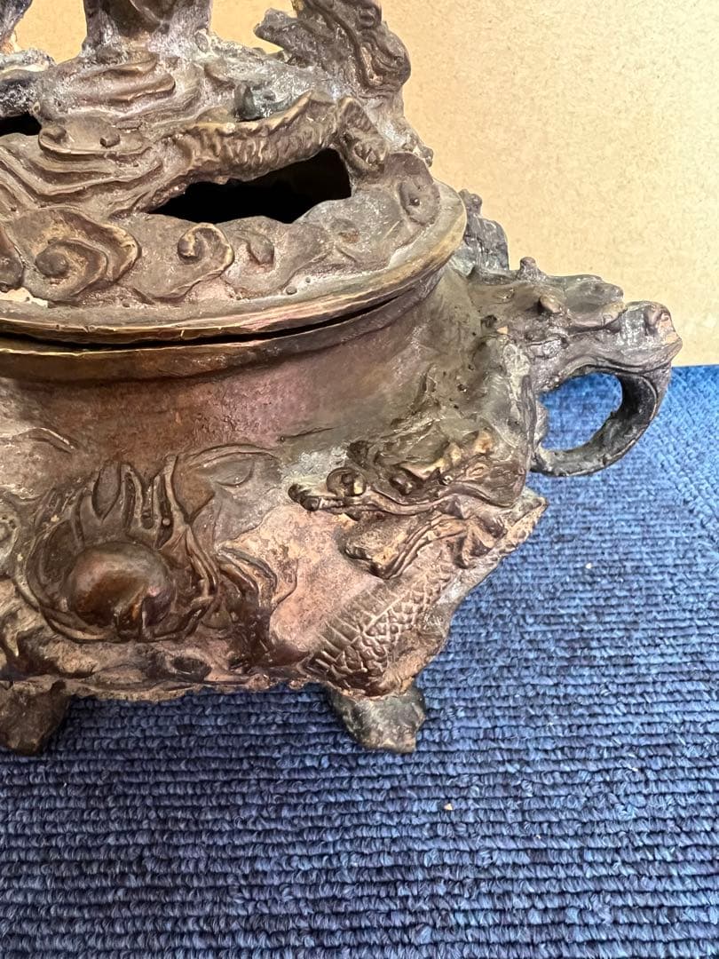 946 銅製　大明宣徳年製　龍紋香炉　時代物