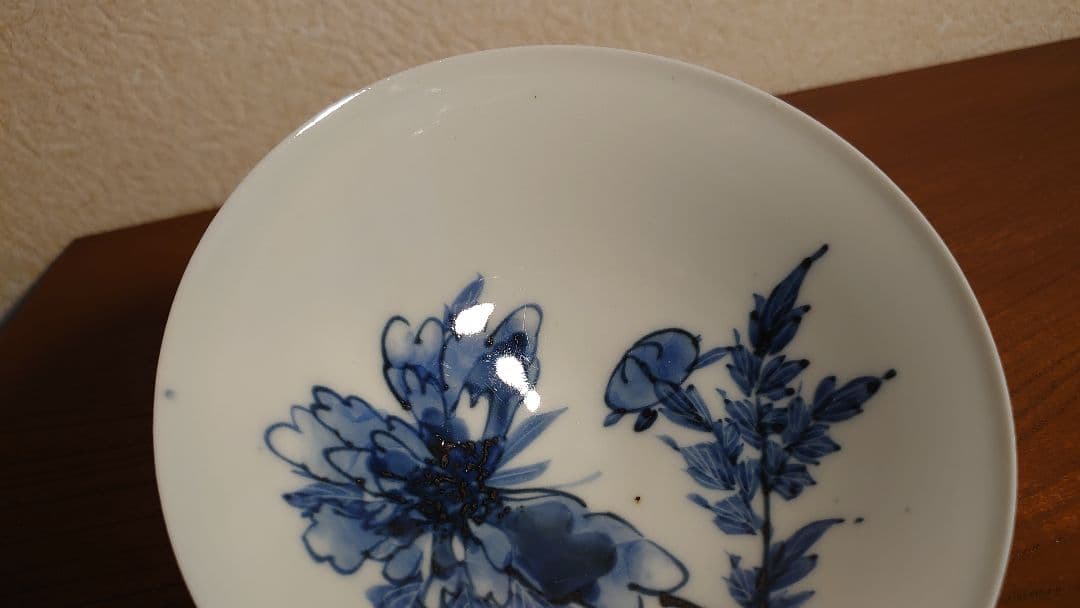 李朝　古染付　染付　華の図　古玩　平茶碗　茶道具　菓子鉢　１客