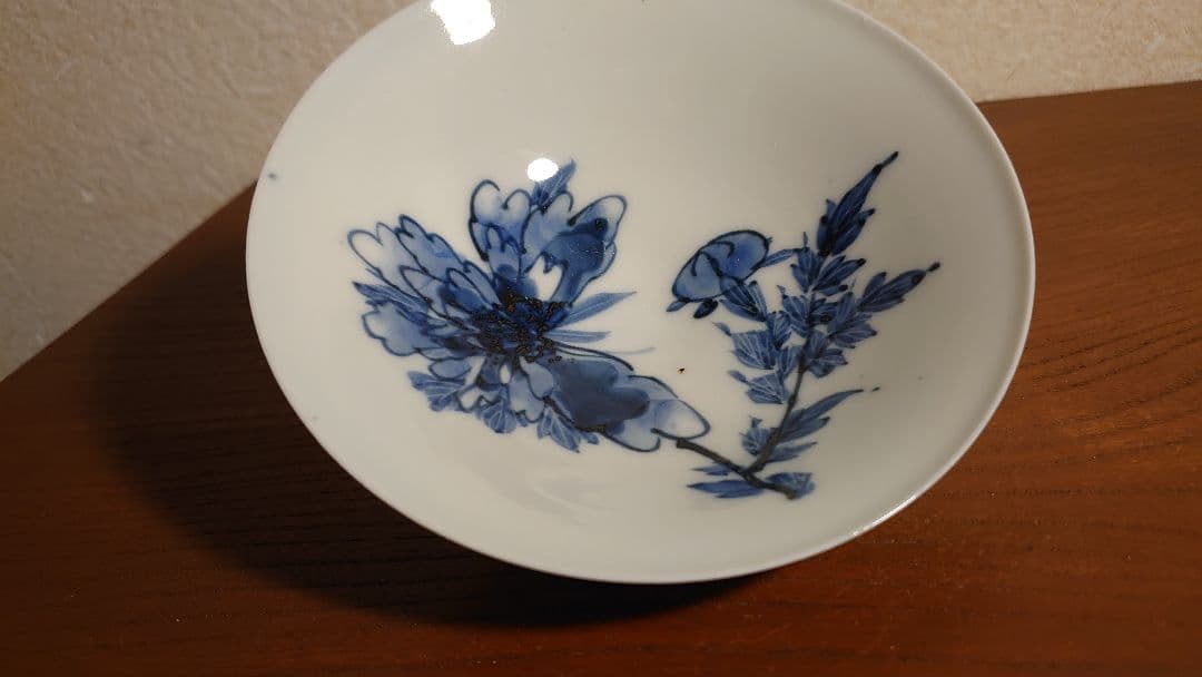 李朝　古染付　染付　華の図　古玩　平茶碗　茶道具　菓子鉢　１客