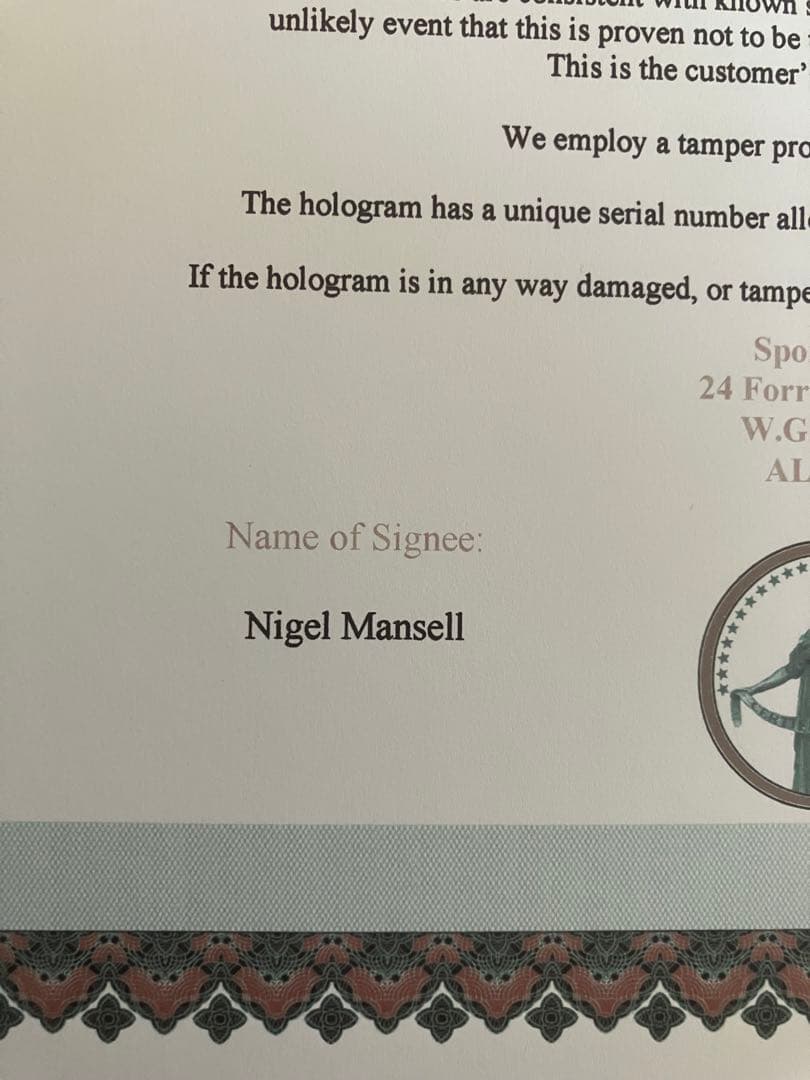 F1 ナイジェルマンセル　ウィリアムズ　ルノー　直筆サイン入り　証明書付き