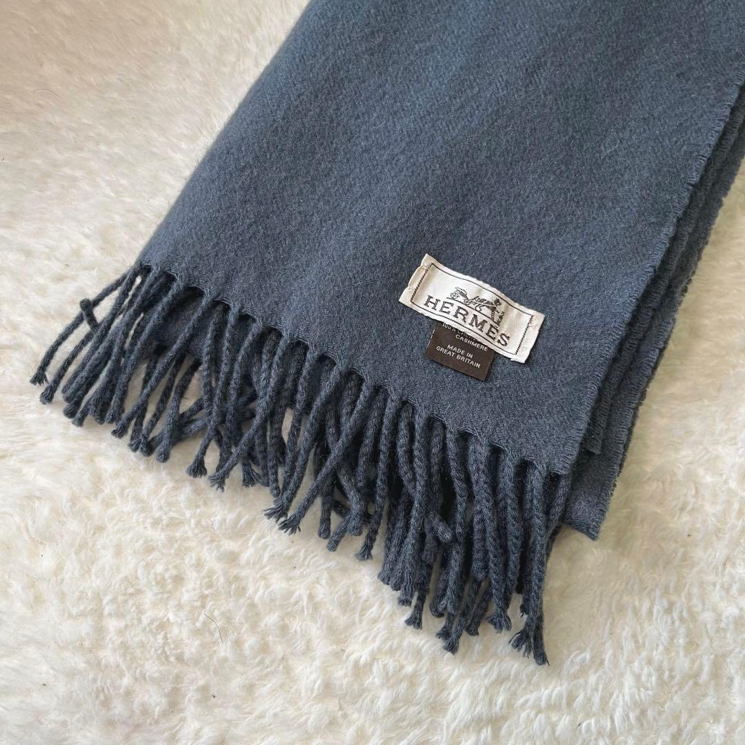 美品　HERMES エルメス　グレージュ　カシミヤ　マフラー　タグ　刺繍ロゴ
