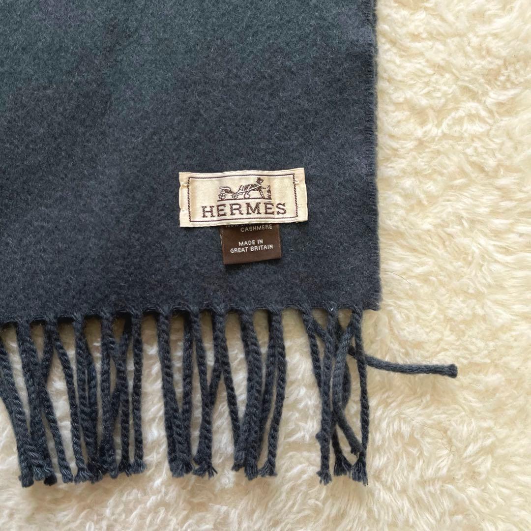 美品　HERMES エルメス　グレージュ　カシミヤ　マフラー　タグ　刺繍ロゴ