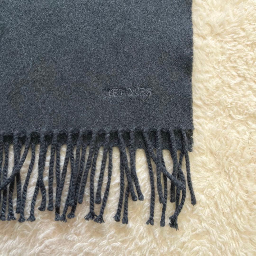 美品　HERMES エルメス　グレージュ　カシミヤ　マフラー　タグ　刺繍ロゴ