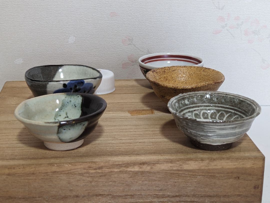 ♦京焼 清水六兵衛窯 色変わり酒器 小盃五種 黄瀬戸 唐津 赤絵九谷 共箱骨董品