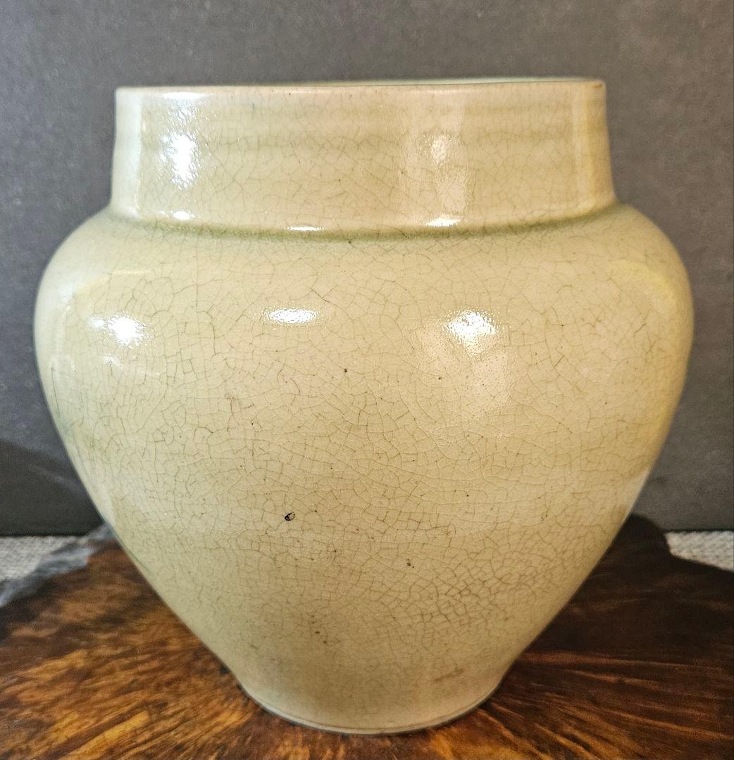 明治時代　御深井焼　蕪の葉の図　壺 花入れ　花生け　オブジェ　高さ19.1cm