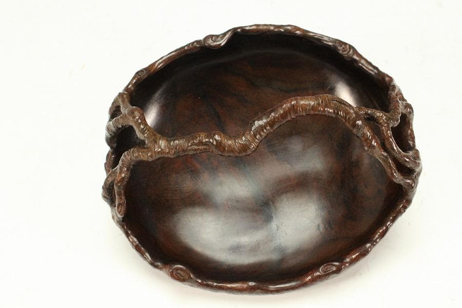 紫檀 刻 手付 皿 13.5cmx12cm 文房四宝(K-HA489)