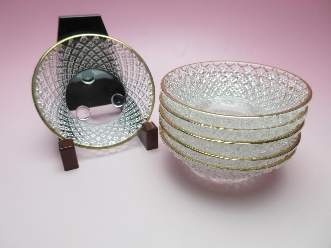 江戸ガラス ギヤマン 金縁 花魚子模様 小鉢 盃 6客 70307