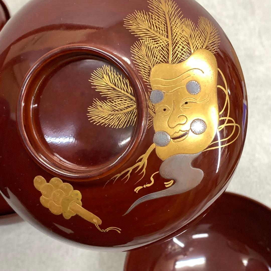 吸物椀 5客 絵変わり 塗り 溜絵 正月 賀正 金彩 汁椀 雑煮 B