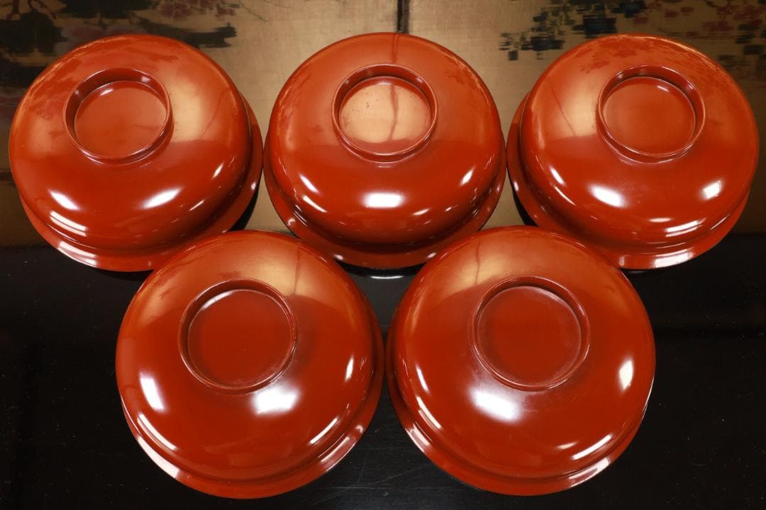 BJ103　時代輪島塗　烏漆絵　日乃出金蒔絵　煮物椀　五客　木製 吸物椀　菓子