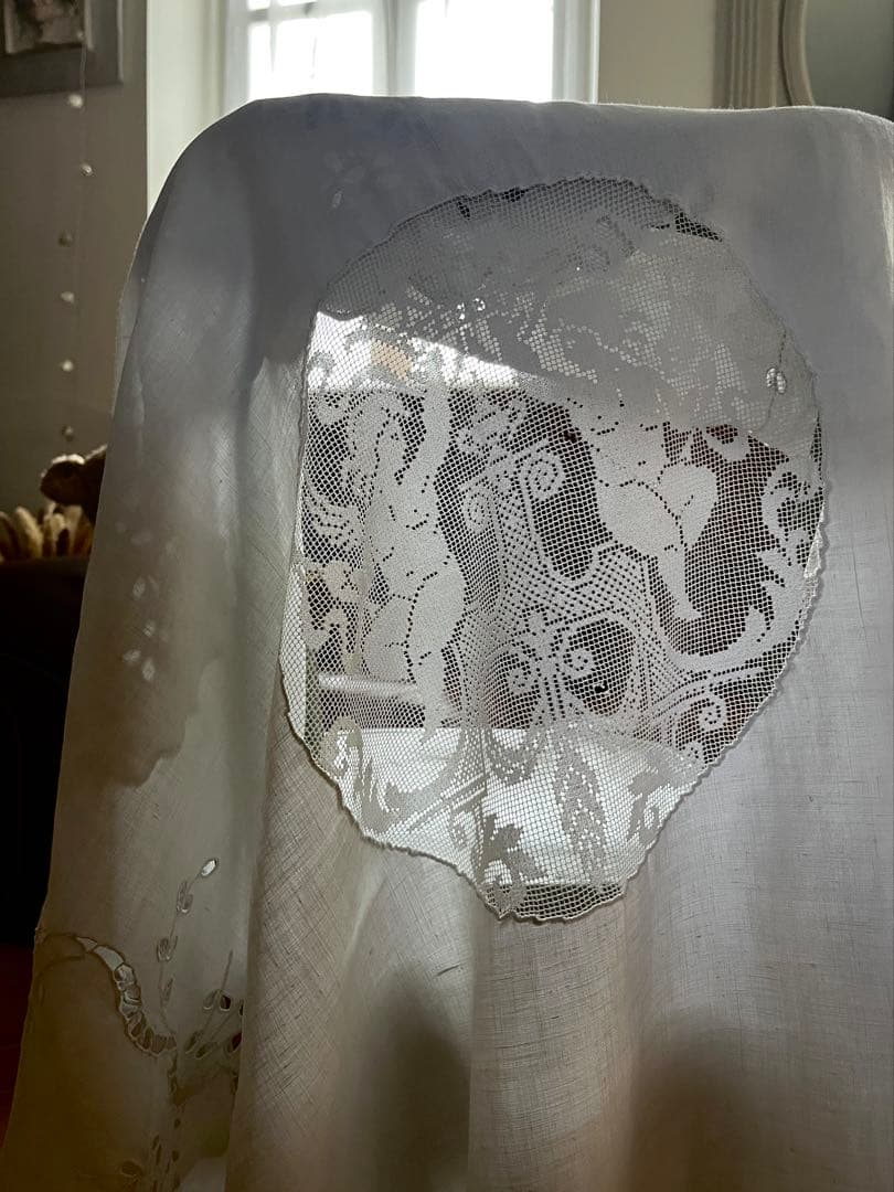 ◆フランスアンティーク｜手刺繍希少天使レースマルチクロステーブルエンジェル正方形