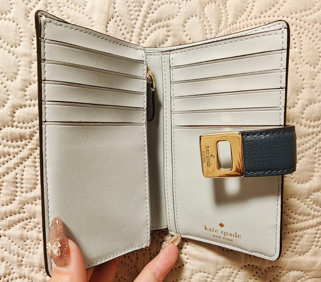 kate spade 花装飾 二つ折り財布 ネイビー