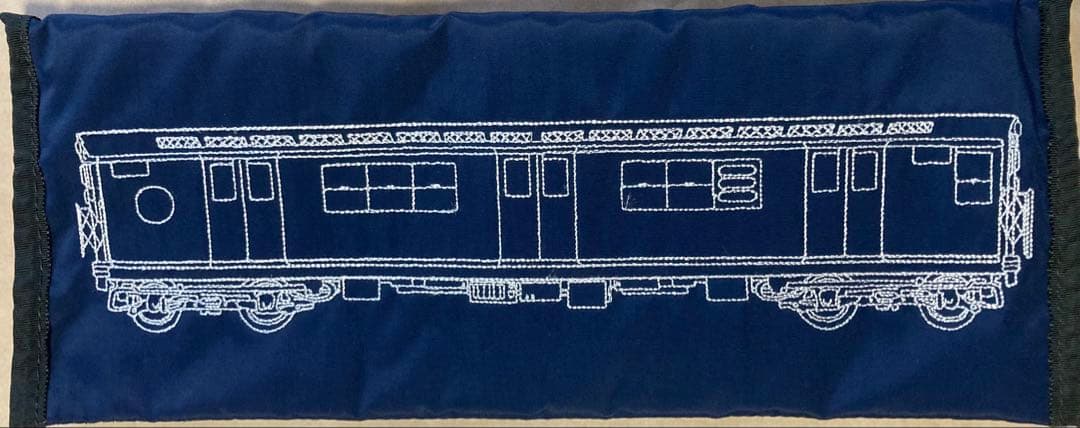 90s Subware 電車刺繍ポーチ 紺色 &ロゴ銘板　ペンケース recon