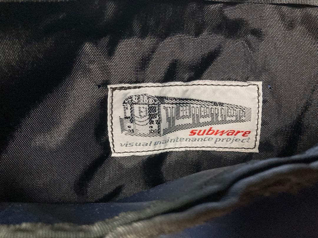90s Subware 電車刺繍ポーチ 紺色 &ロゴ銘板　ペンケース recon