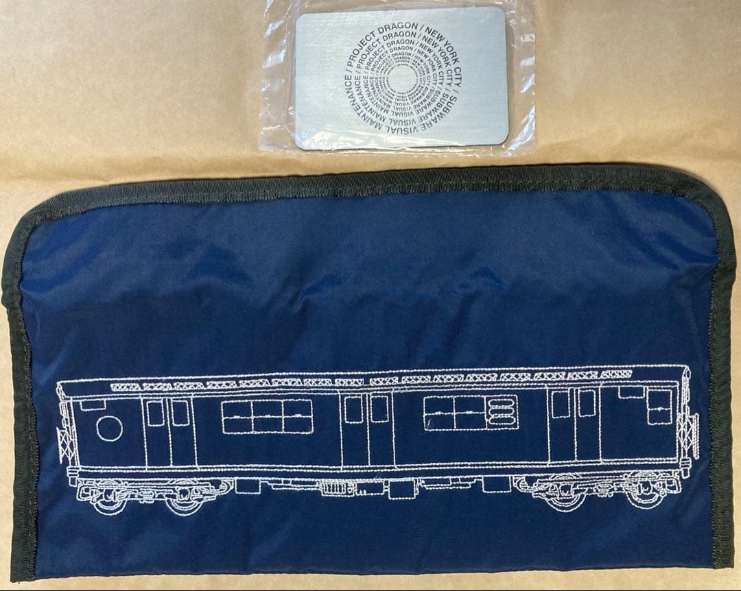 90s Subware 電車刺繍ポーチ 紺色 &ロゴ銘板　ペンケース recon