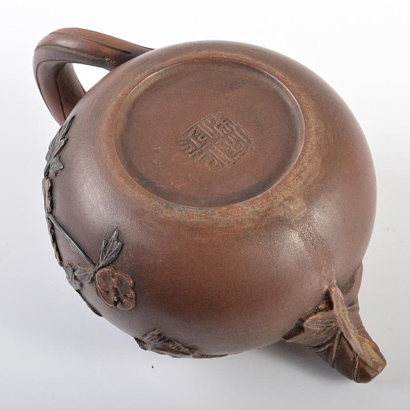 中国　紫砂　朱泥　貼花鳥文　急須　茶壷　在銘　C　R6189