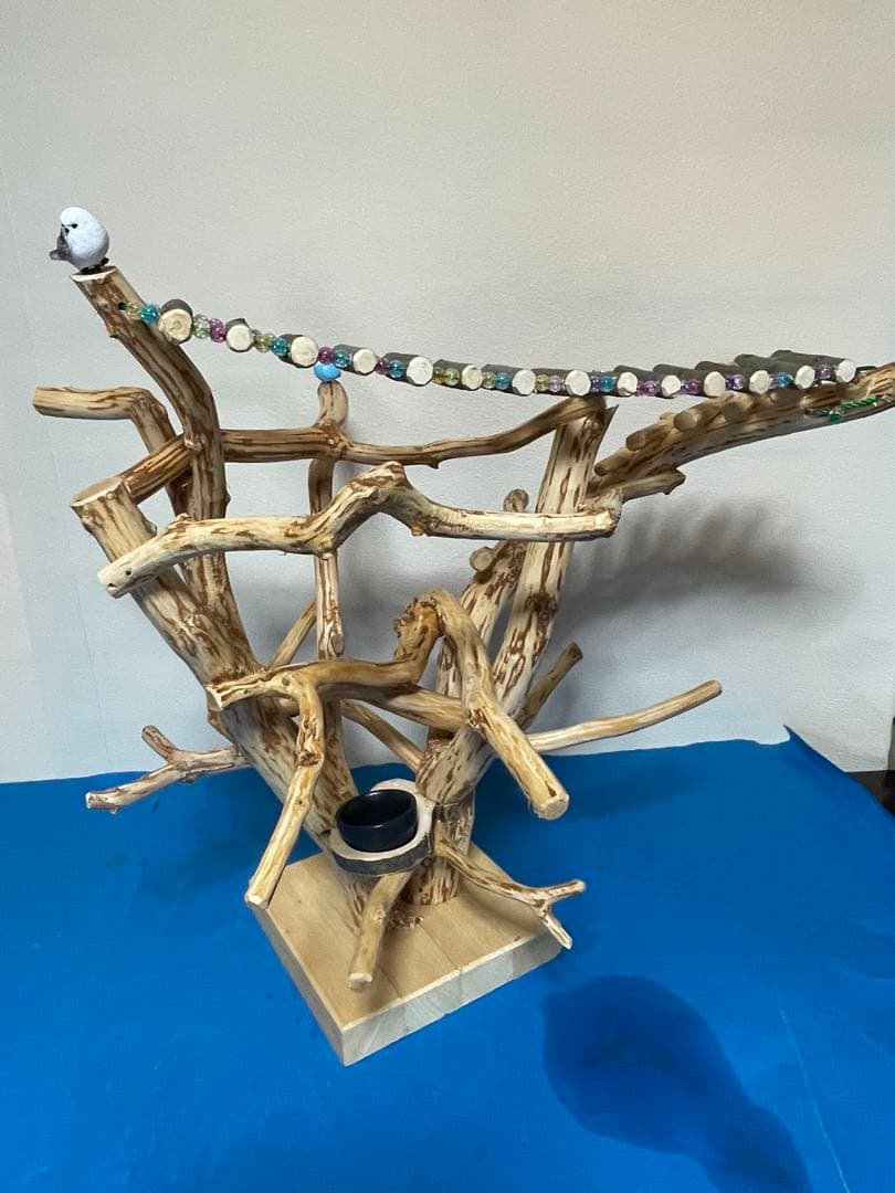 天然木製 鳥用止まり木 中型用 食器付き